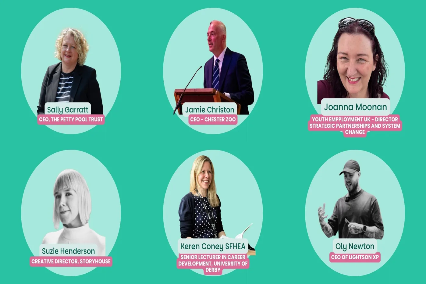 Six speaker cards: Sally Garratt, CEO, The Petty Pool Trust; Jamie Christon, CEO, Chester Zoo; Joanna Moonan, Youth Employment UK; Suzie Henderson, Creative Director, Storyhouse; Keren Coney, Senior Lecturer in Career Development, University of Derby; Oly Newton, LightsOnXP